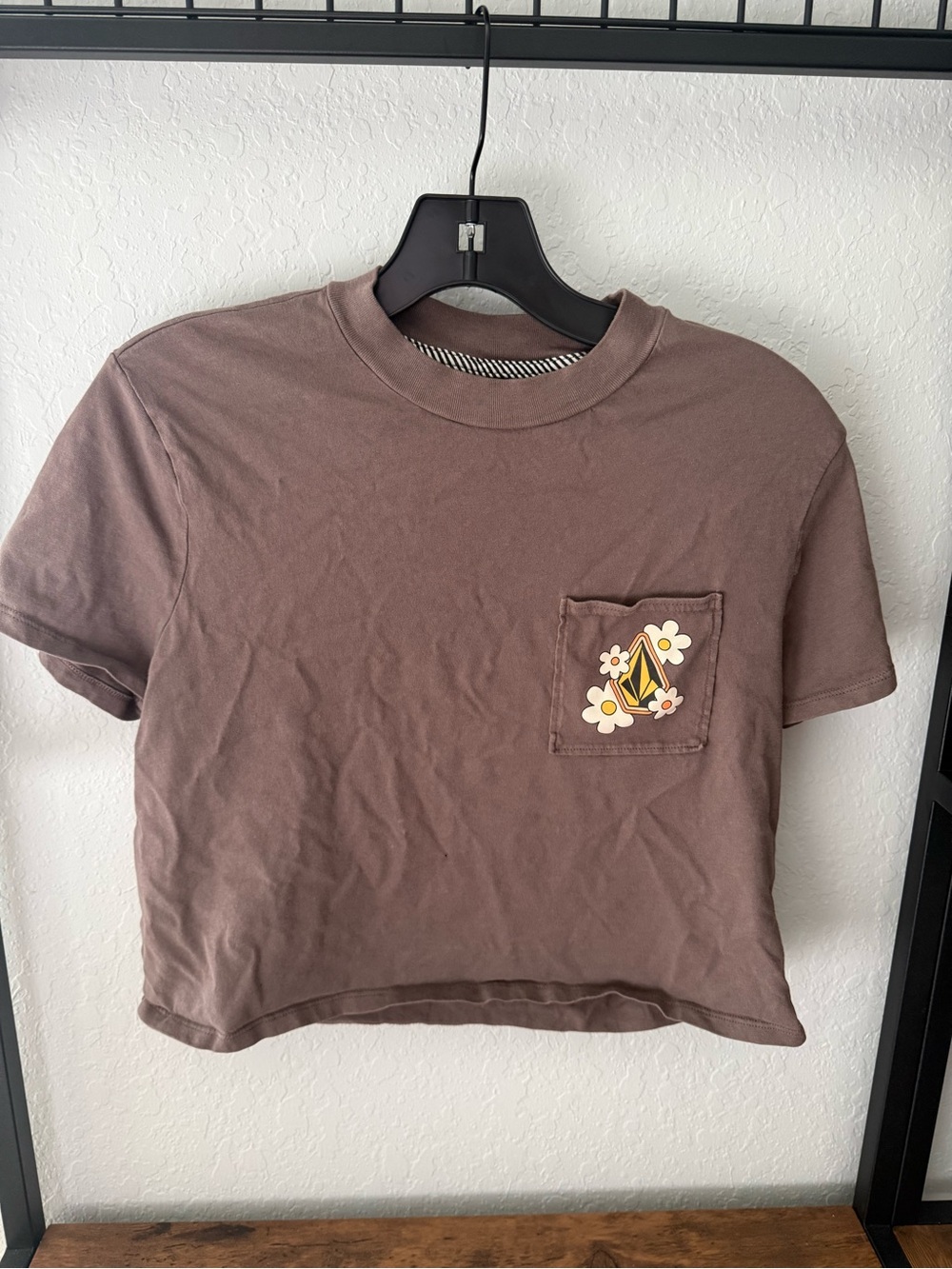 Volcom Brown Crop Pocket Tee with Floral Logo
